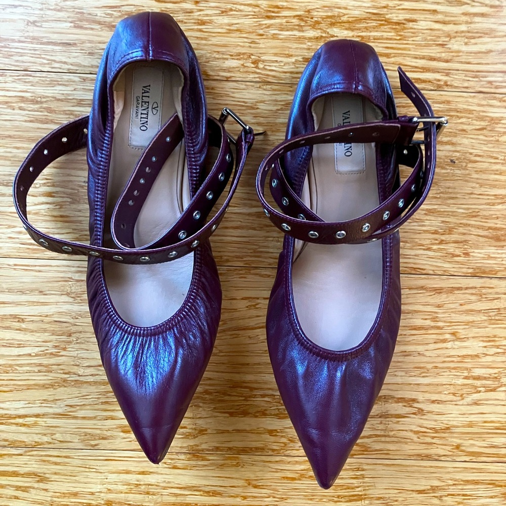 Valentino dark burgundy pointed Love Latch ankle strap flats